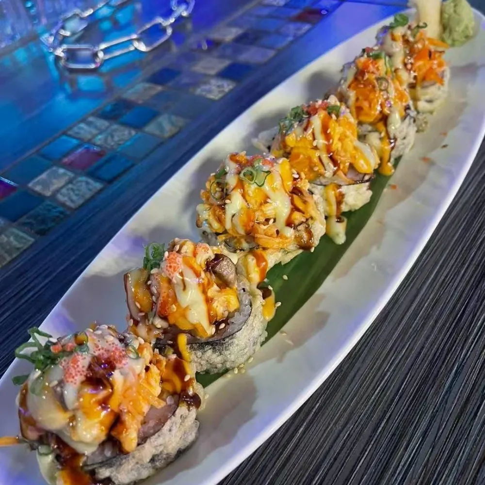 Creamy spicy sushi roll with sauces at Eraka Sushi, a Japanese Restaurant in Easton