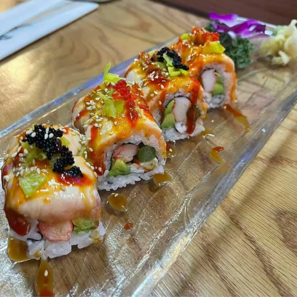 Eel-topped sushi roll with toppings at Eraka Sushi, a Japanese Restaurant in Easton