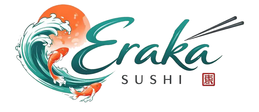 teal wave, orange koi fish, red sun, chopsticks, and 'SUSHI' text with Japanese seal.